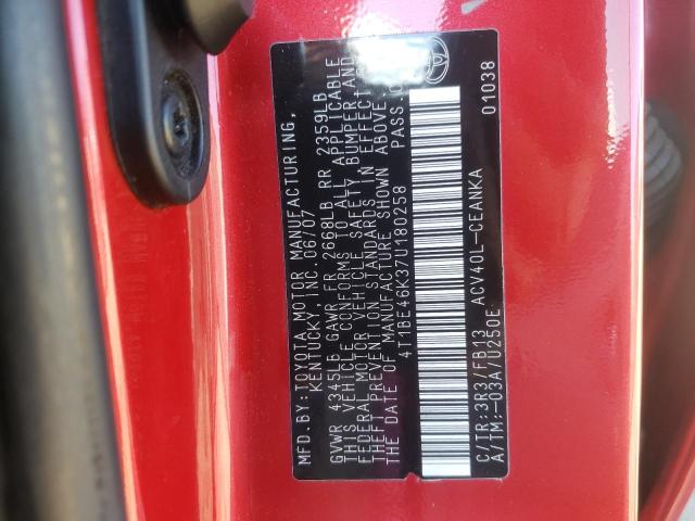 4T1BE46K37U180258 - 2007 TOYOTA CAMRY CE RED photo 10