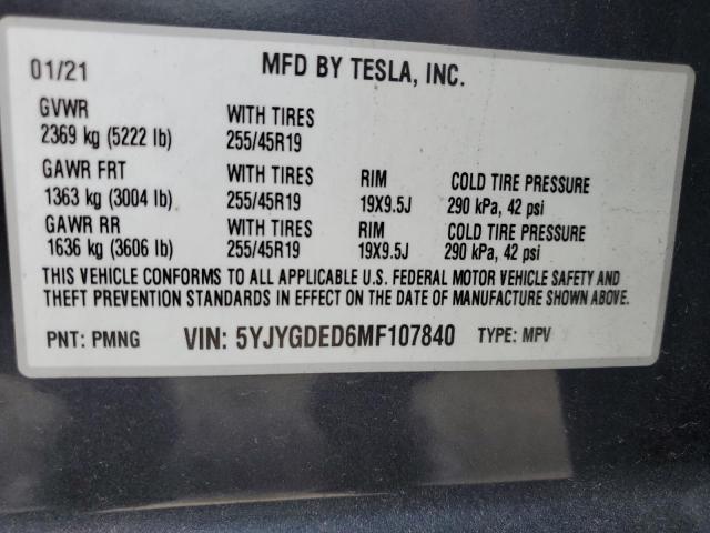 5YJYGDED6MF107840 - 2021 TESLA MODEL Y BLUE photo 10