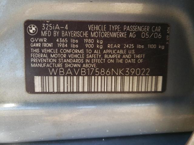 WBAVB17586NK39022 - 2006 BMW 325 I AUTO BLUE photo 10