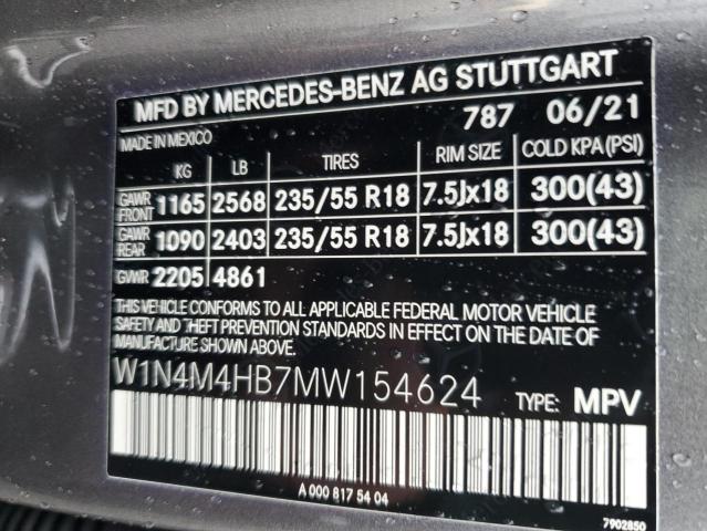 W1N4M4HB7MW154624 - 2021 MERCEDES-BENZ GLB 250 4M CHARCOAL photo 10