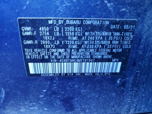 4S4BTANC4M3191947 - 2021 SUBARU OUTBACK LI BLUE photo 10