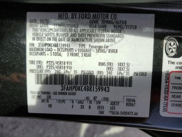 3FAHP0KC4BR159943 - 2011 FORD FUSION SPO BLACK photo 10