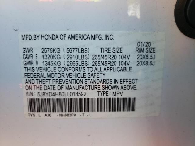 5J8YD4H80LL018592 - 2020 ACURA MDX ADVANC 白色 照片 10