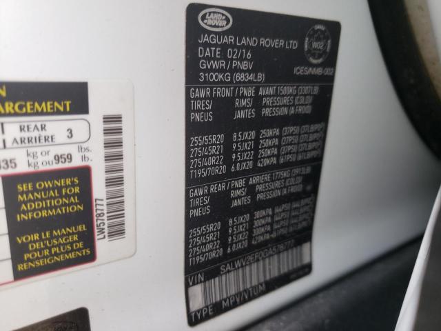 SALWV2EF0GA578777 - 2016 LAND ROVER RANGE ROVE WHITE photo 10