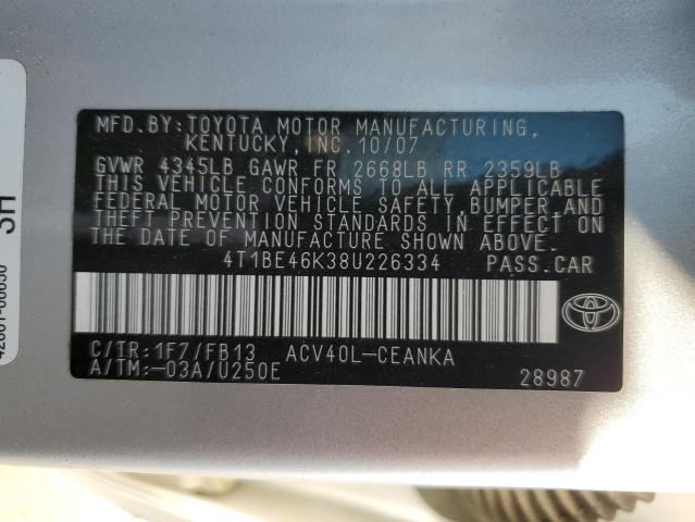 4T1BE46K38U226334 - 2008 TOYOTA CAMRY CE SILVER photo 10