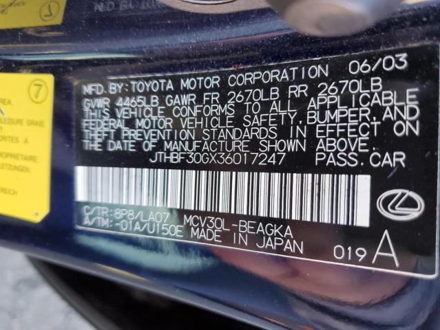 JTHBF30GX36017247 - 2003 LEXUS ES 300 BLACK photo 10