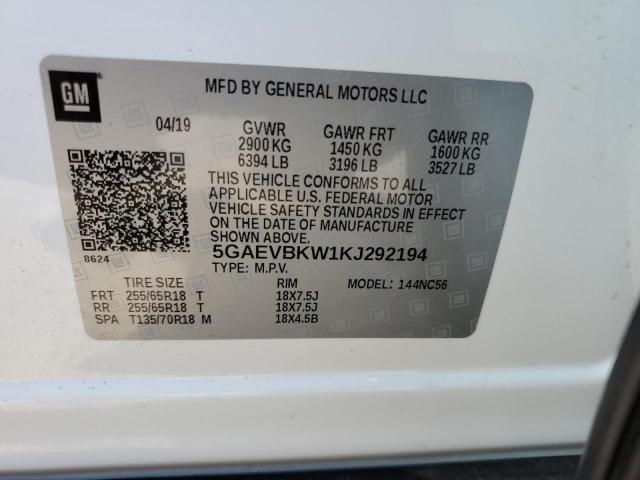 5GAEVBKW1KJ292194 - 2019 BUICK ENCLAVE PR WHITE photo 10