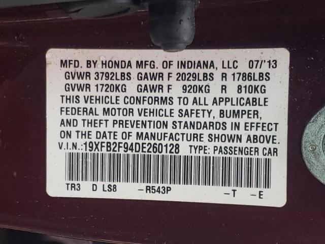 19XFB2F94DE260128 - 2013 HONDA CIVIC EXL Tünd qırmızı foto 10