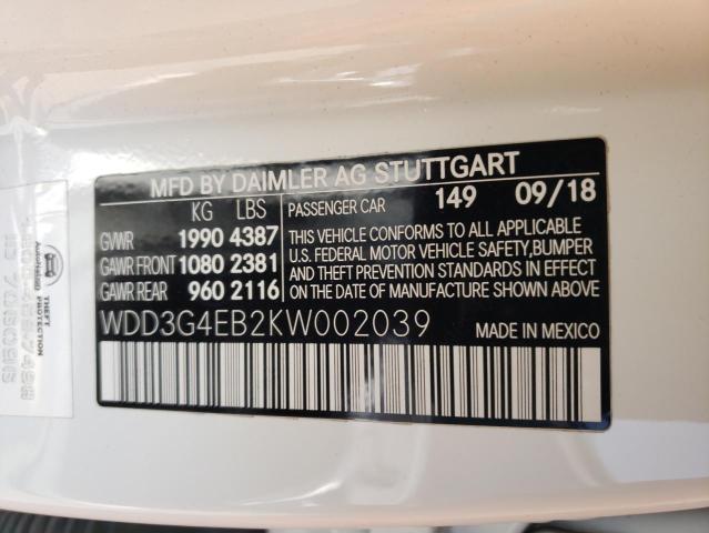 WDD3G4EB2KW002039 - 2019 MERCEDES-BENZ A 220 WHITE photo 10