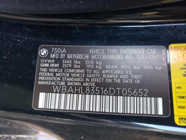WBAHL83516DT05652 - 2006 BMW 750 I BLACK photo 10