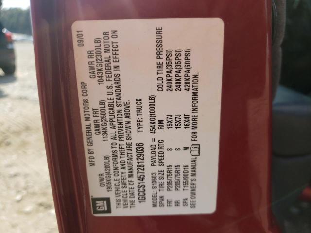 1GCCS145728129036 - 2002 CHEVROLET S TRUCK S1 RED photo 10