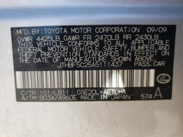 JTHBF5C25A5111437 - 2010 LEXUS IS 250 SILVER photo 10