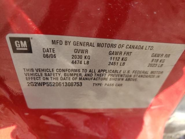 2G2WP552061308753 - 2006 PONTIAC GRAND PRIX წითელი ფოტო 10