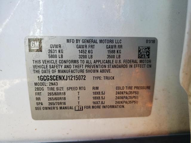 1GCGSCENXJ1215072 - 2018 CHEVROLET COLORADO L WHITE photo 10