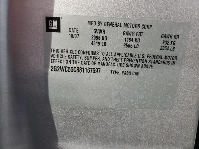 2G2WC55C881167597 - 2008 PONTIAC GRAND PRIX ვერცხლისფერი ფოტო 10