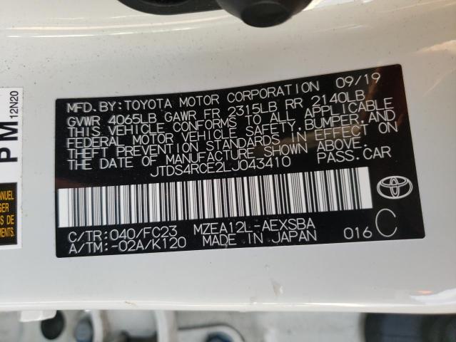 JTDS4RCE2LJ043410 - 2020 TOYOTA COROLLA SE WHITE photo 10