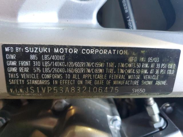 JS1VP53A832106475 - 2003 SUZUKI SV650 SILVER photo 10