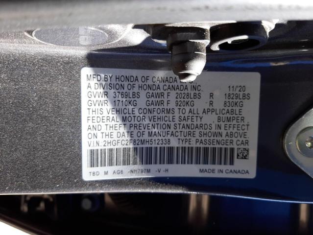 2HGFC2F82MH512338 - 2021 HONDA CIVIC SPOR 灰色 照片 10