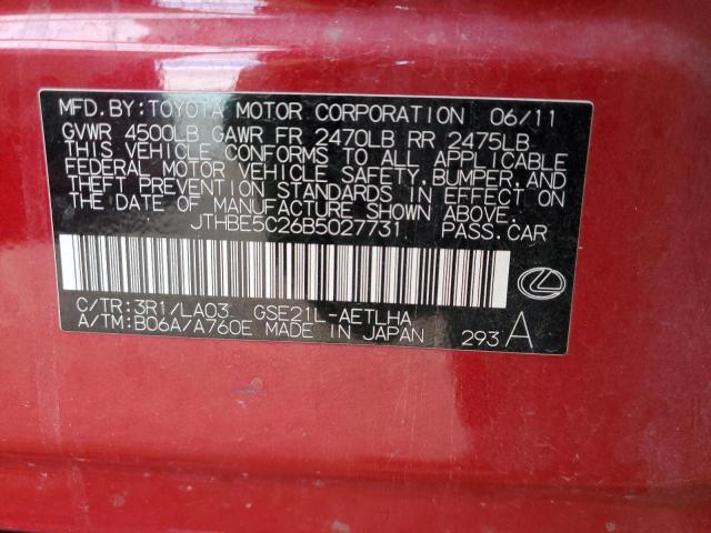 JTHBE5C26B5027731 - 2011 LEXUS IS 350 RED photo 10