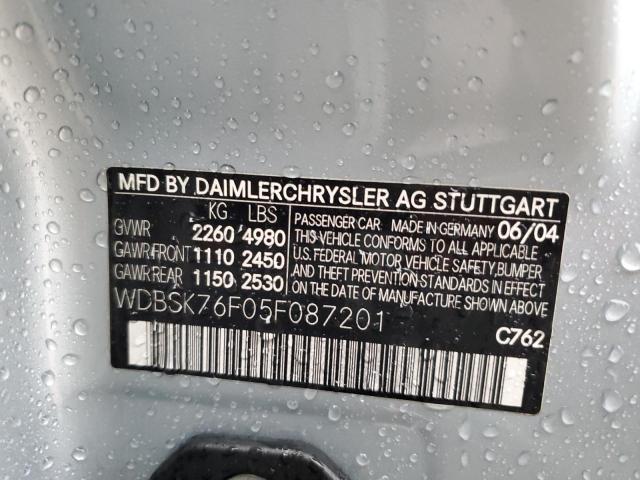 WDBSK76F05F087201 - 2005 MERCEDES-BENZ SL 600 SILVER photo 10