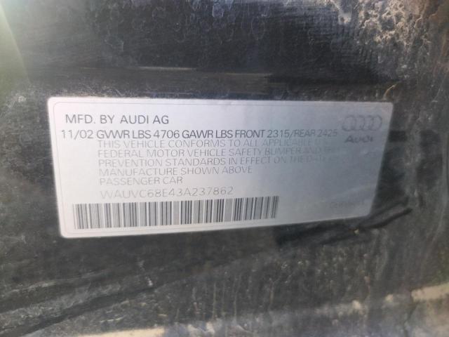 WAUVC68E43A237862 - 2003 AUDI A4 1.8T AV BLACK photo 10