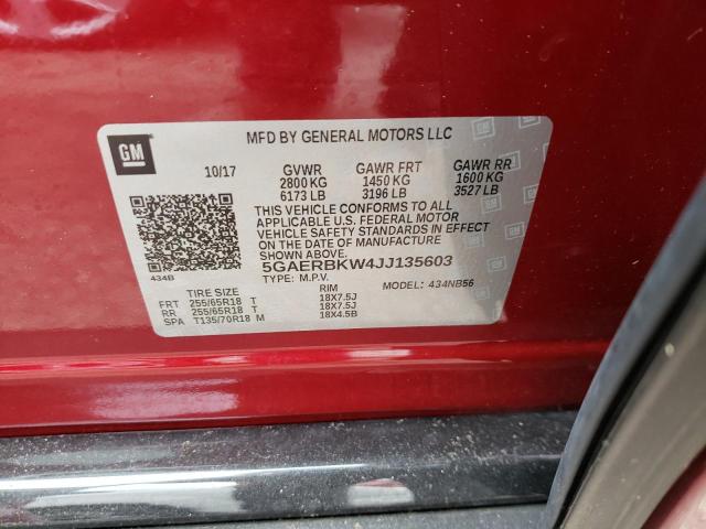 5GAERBKW4JJ135603 - 2018 BUICK ENCLAVE ES RED photo 10