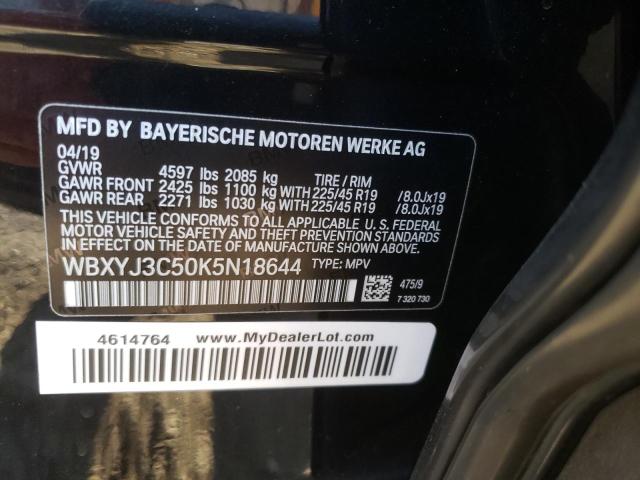 WBXYJ3C50K5N18644 - 2019 BMW X2 SDRIVE2 BLACK photo 10