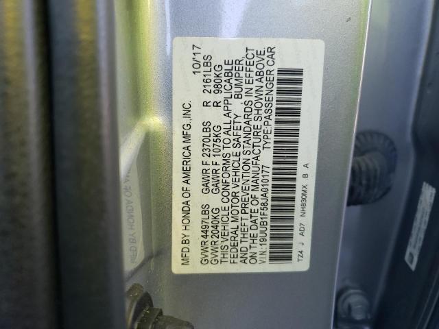 19UUB1F58JA010177 - 2018 ACURA TLX TECH SILVER photo 10