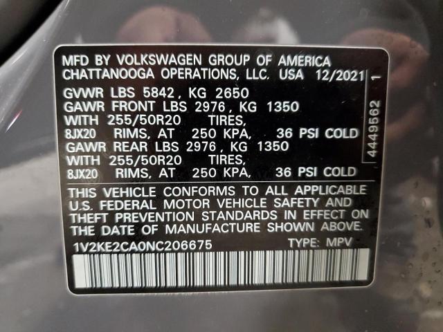 1V2KE2CA0NC206675 - 2022 VOLKSWAGEN ATLAS CROS Серый фото 10