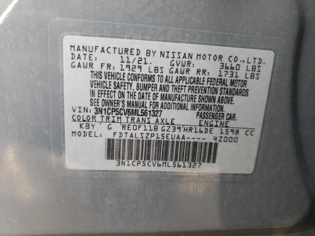 3N1CP5CV6ML561327 - 2021 NISSAN KICKS SV GRAY photo 10