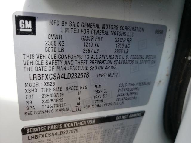LRBFXCSA4LD232576 - 2020 BUICK ENVISION E WHITE photo 10