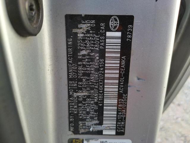 4T1BE46KX7U724156 - 2007 TOYOTA CAMRY CE SILVER photo 10