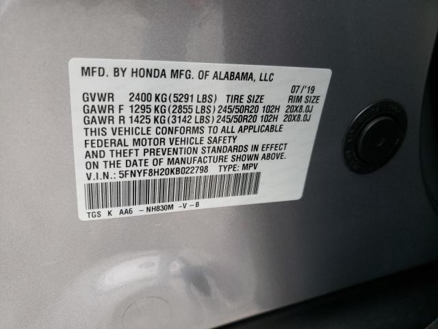 5FNYF8H20KB022798 - 2019 HONDA PASSPORT S SILVER photo 10