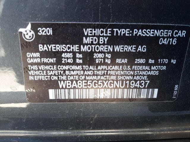 WBA8E5G5XGNU19437 - 2016 BMW 320 XI GRAY photo 10