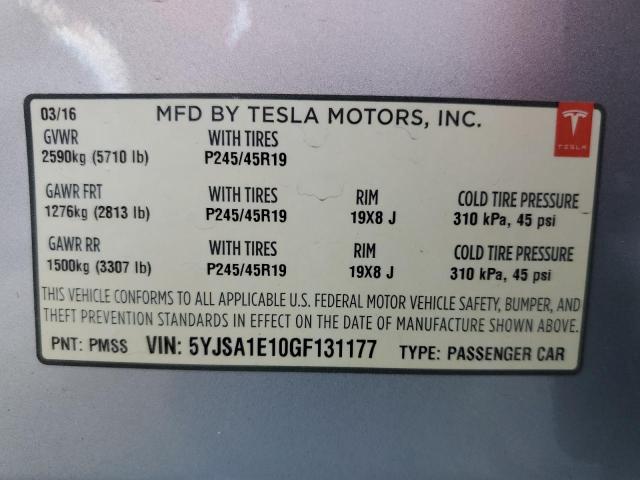 5YJSA1E10GF131177 - 2016 TESLA MODEL S SILVER photo 10