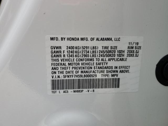 5FNYF7H59LB000529 - 2020 HONDA PASSPORT E 白色 照片 10