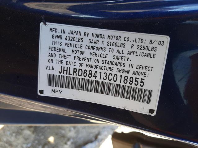 JHLRD68413C018955 - 2003 HONDA CR-V LX BLUE photo 10