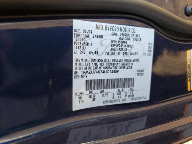 1FMZU74K74UC14509 - 2004 FORD EXPLORER E BLUE photo 10