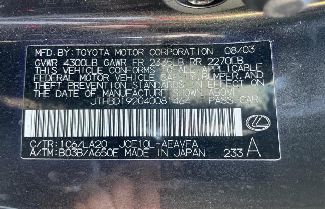 JTHBD192040081464 - 2004 LEXUS IS 300 GRAY photo 10