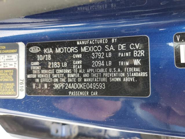 3KPF24AD0KE049593 - 2019 KIA FORTE FE BLUE photo 10