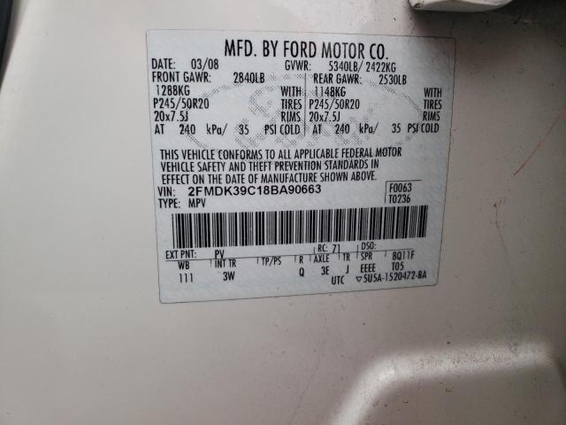 2FMDK39C18BA90663 - 2008 FORD EDGE LIMIT WHITE photo 10