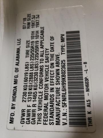 5FNRL6H99KB023625 - 2019 HONDA ODYSSEY EL Weiß Foto 10