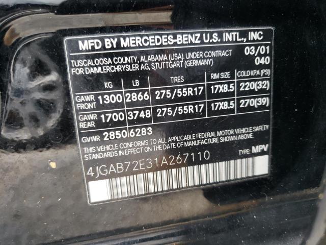 4JGAB72E31A267110 - 2001 MERCEDES-BENZ ML 430 BLACK photo 10