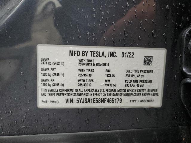 5YJSA1E58NF465179 - 2022 TESLA MODEL S GRAY photo 10