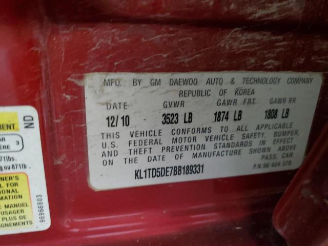 KL1TD5DE7BB189331 - 2011 CHEVROLET AVEO LS 红色 照片 10