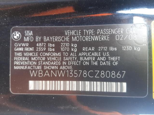 WBANW13578CZ80867 - 2008 BMW 5 SERIES BLACK photo 10