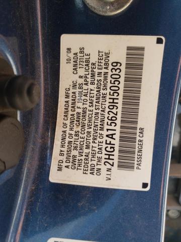 2HGFA15629H505039 - 2009 HONDA CIVIC LX-S ლურჯი ფოტო 10