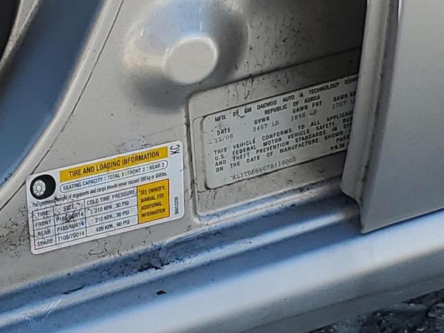 KL1TD56607B119005 - 2007 CHEVROLET AVEO BASE SILVER photo 10