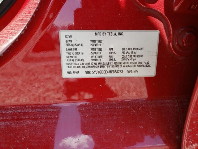5YJYGDEE4MF088763 - 2021 TESLA MODEL Y Красный фото 10