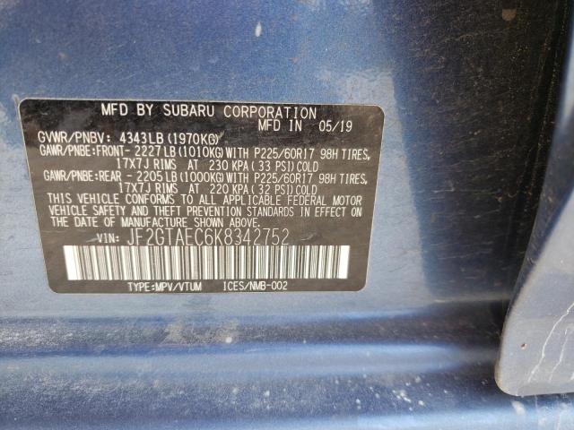 JF2GTAEC6K8342752 - 2019 SUBARU CROSSTREK BLUE photo 10